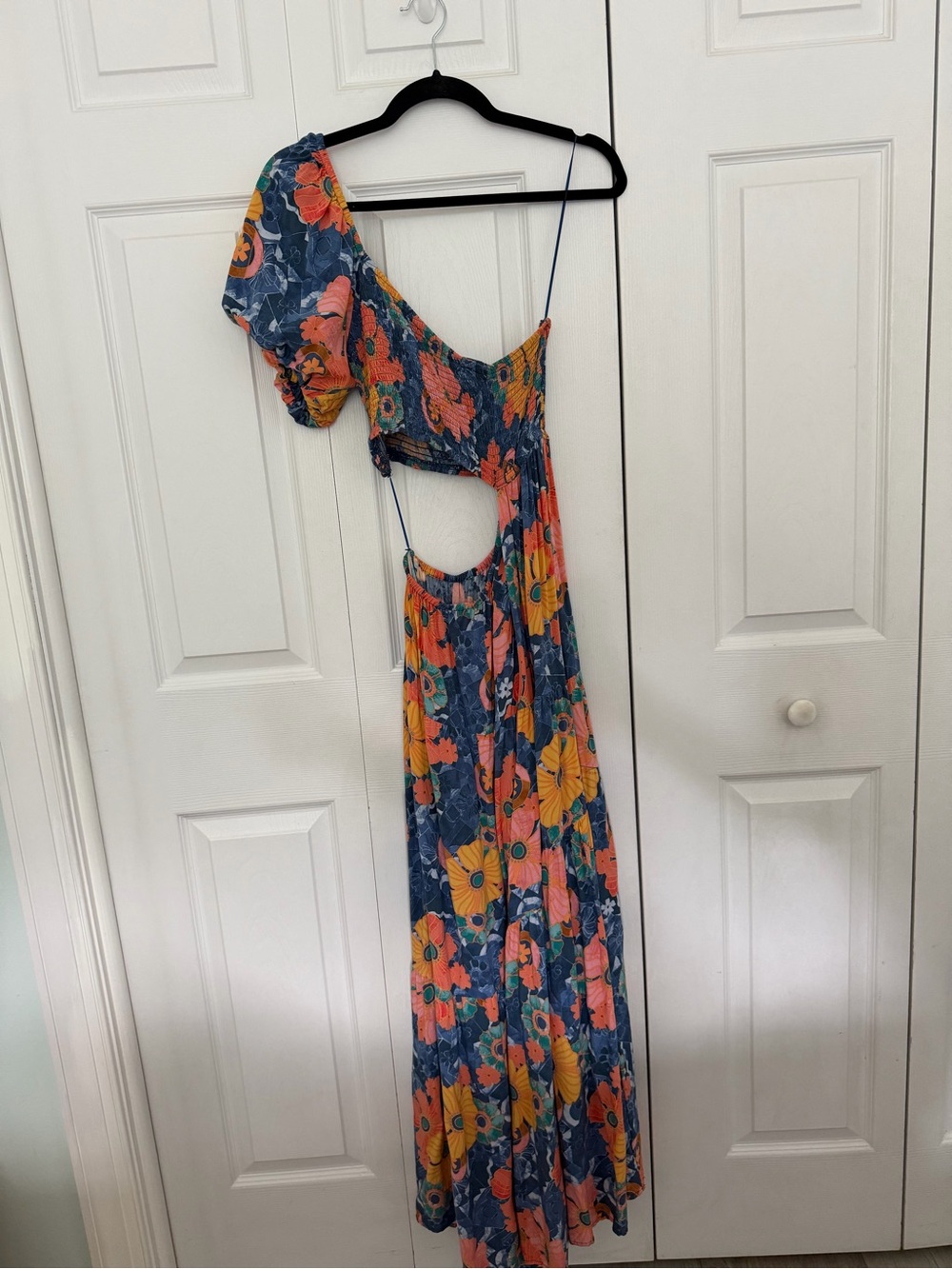 O’Neill Floral One-Shoulder Cutout Maxi Dress in Navy with Coral & Yellow Blooms